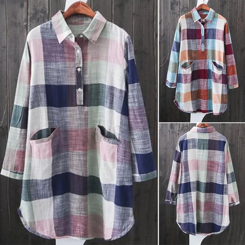 ZANZEA Damen Mode Revers Vintage Lose Karierte Taschenoberteil Shirt Bluse Tops