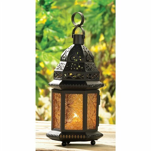 Yellow Glass Black Metal Moroccan-Style Candle Lantern