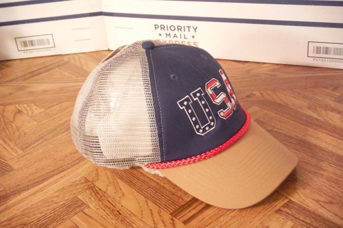 USA Blue Front With Tan Bill SNAPBACK MESH BACK TRUCKERS Baseball Cap Hat