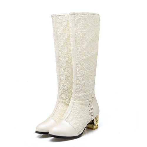 Damen Sommerstiefel Kunstleder Lochmuster reißverschluß Blockabsatz Top