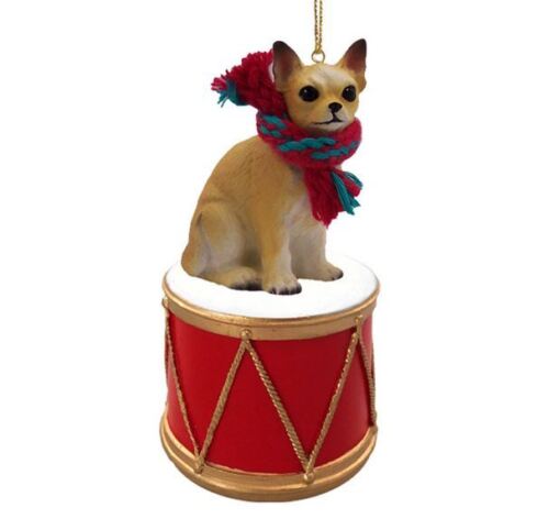CHIHUAHUA TAN w// DRUM DOG CHRISTMAS ORNAMENT HOLIDAY XMAS Figurine Scarf gift