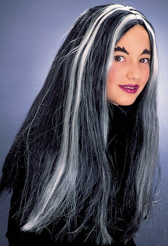 Girls Childrens Fancy Dress Wig Witch Black White Streak Halloween Glow In Dark