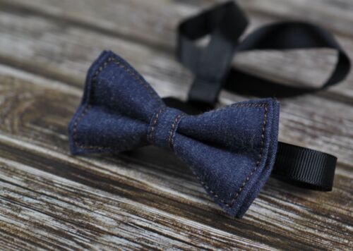 Boy Baby Kids Navy Blue Denim Bow Tie Navy Brown Elastic Leather Suspenders