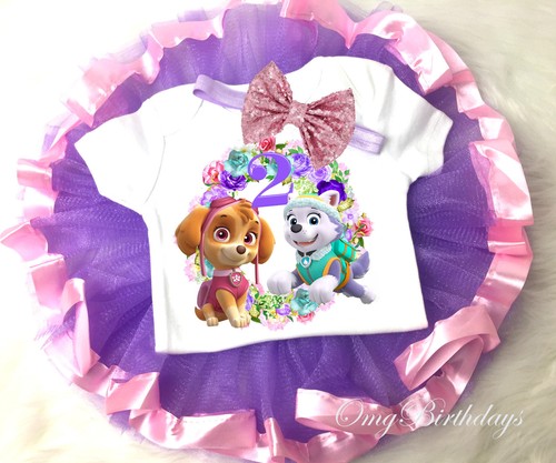 Dog Puppy Pink Paw Skye Everest Purple 2nd Second Birthday Tutu Outfit Shirt Set