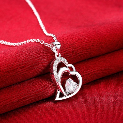925 Hallmark Sterling Silver Filled Heart CZ Pendant Chain Necklace N510