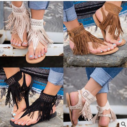 Womens Bohemia Ankle Strap Wrap Summer Tassel Flat Sandals Flip Flop Beach Shoes