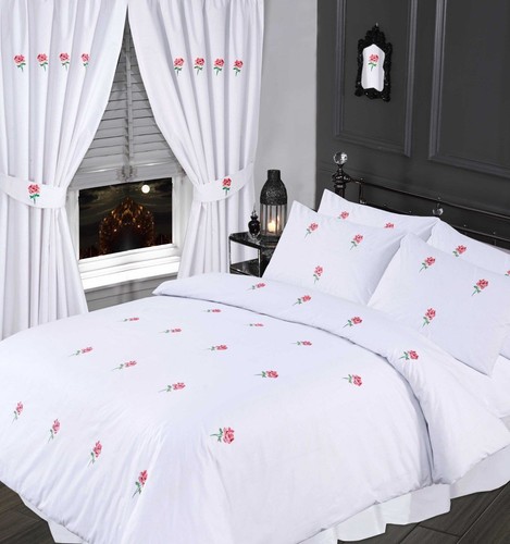 PINK ROSE EMBROIDERED BLUSH DUVET SET IN DOUBLE KING OR SUPERKING OR CURTAINS
