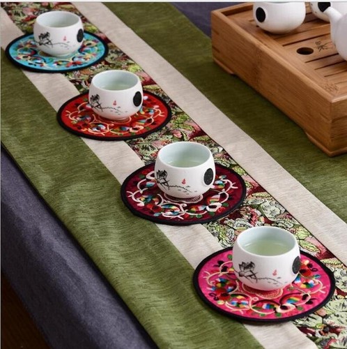 10Pcs Table Mats Coaster Chinese Style Cloth Embroidery Coasters Heat Insulation