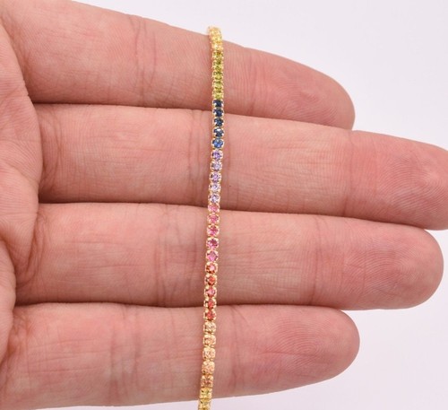 Multicolor CZ Rainbow Round Cut Tennis Bracelet 14K Yellow Gold Over Silver 925