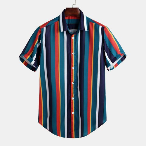 Men/'s Colorful Stripe T-Shirt Summer Short Sleeve Buttons Blouse Tops Basic Tee