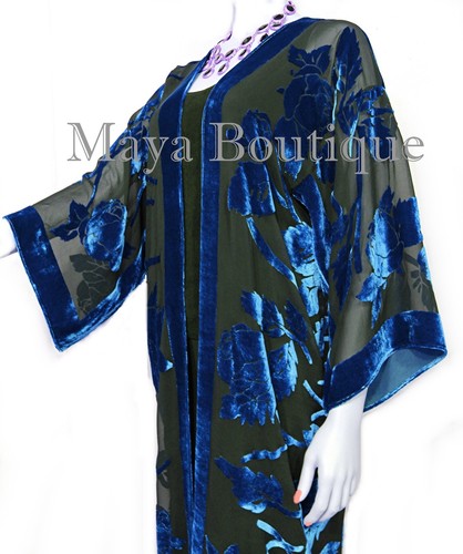 Blue Long Kimono Jacket Silk Burnout Velvet No Fringe Maya Matazaro