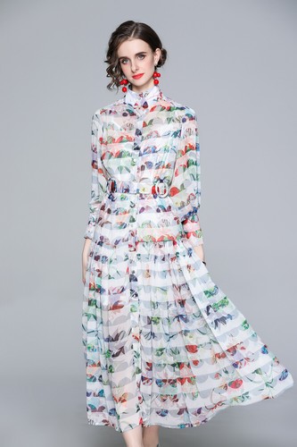Spring Summer Fall Floral Print Collar Belt Long Sleeve Women Maxi Shirt Dress