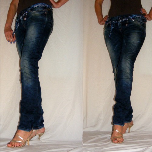 Ladies Blue Jeans Stretch Straight Leg Discoloured Chain Belt Size 8-12