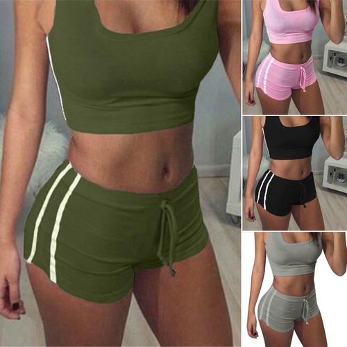 Women 2Pcs Yoga Suit Workout Gym Running Sports Bra Vest Shorts Athletic Set
