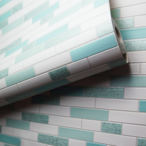 mosaico en un rollo Verde Azulado /& Blanco Con Purpurina cocina//baño Wallpaper