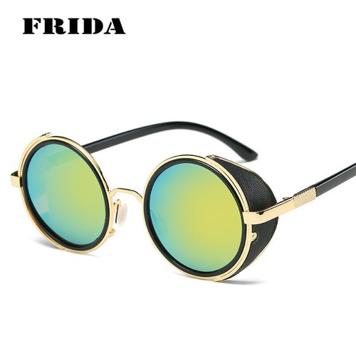 FRIDA Steampunk Sunglasses Women Men Vintage Retro Round Metal Sun Glasses UV400