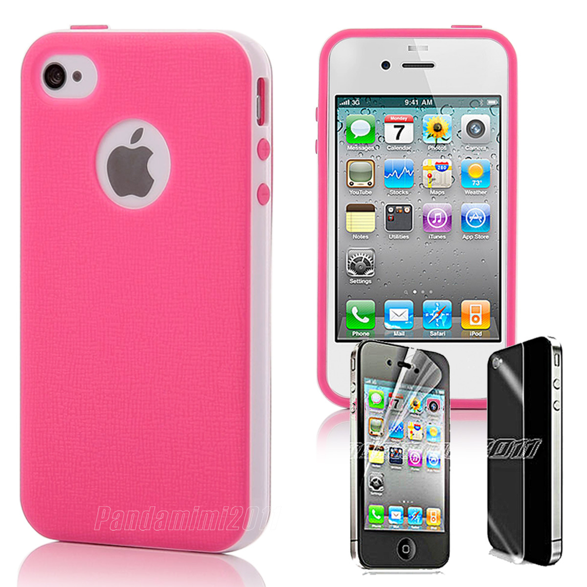 2-Piece Hybrid Case TPU Combo Cover Screen Protector For iPhone 4S 4 4G Hot Pink
