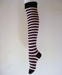 2 X SEXY THIGH HIGHS BLACK WITH PINK STRIPED OVER THE KNEE COTTON SOCKS 2 X SEXY THIGH HIGHS BLACK WITH PINK STRIPED OVER THE KNEE COTTON SOCKS