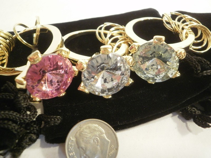 3 Huge Imitation DIAMOND RING Key Chains Pink Green Clear Gold Tone NEW