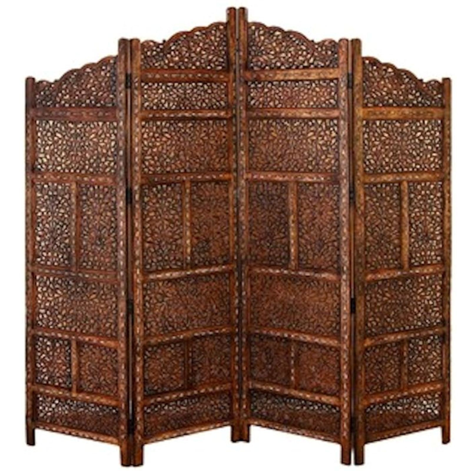  Style Hand Carved Solid Wood Screen Room Divider, Brown Finish