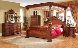 4-Post Queen Bedroom Set, Canopy Bed Furniture, Marble Top Nightstand, King Sets