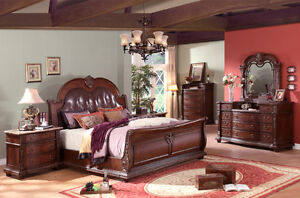 4Pc Traditional Formal Cherry King Leather Sleigh Bed Marble Bedroom Set NEW