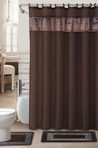 Bathroom  on Set Chocolate Embroidered Blue Bath Fabric Shower Curtain Mat   Ebay