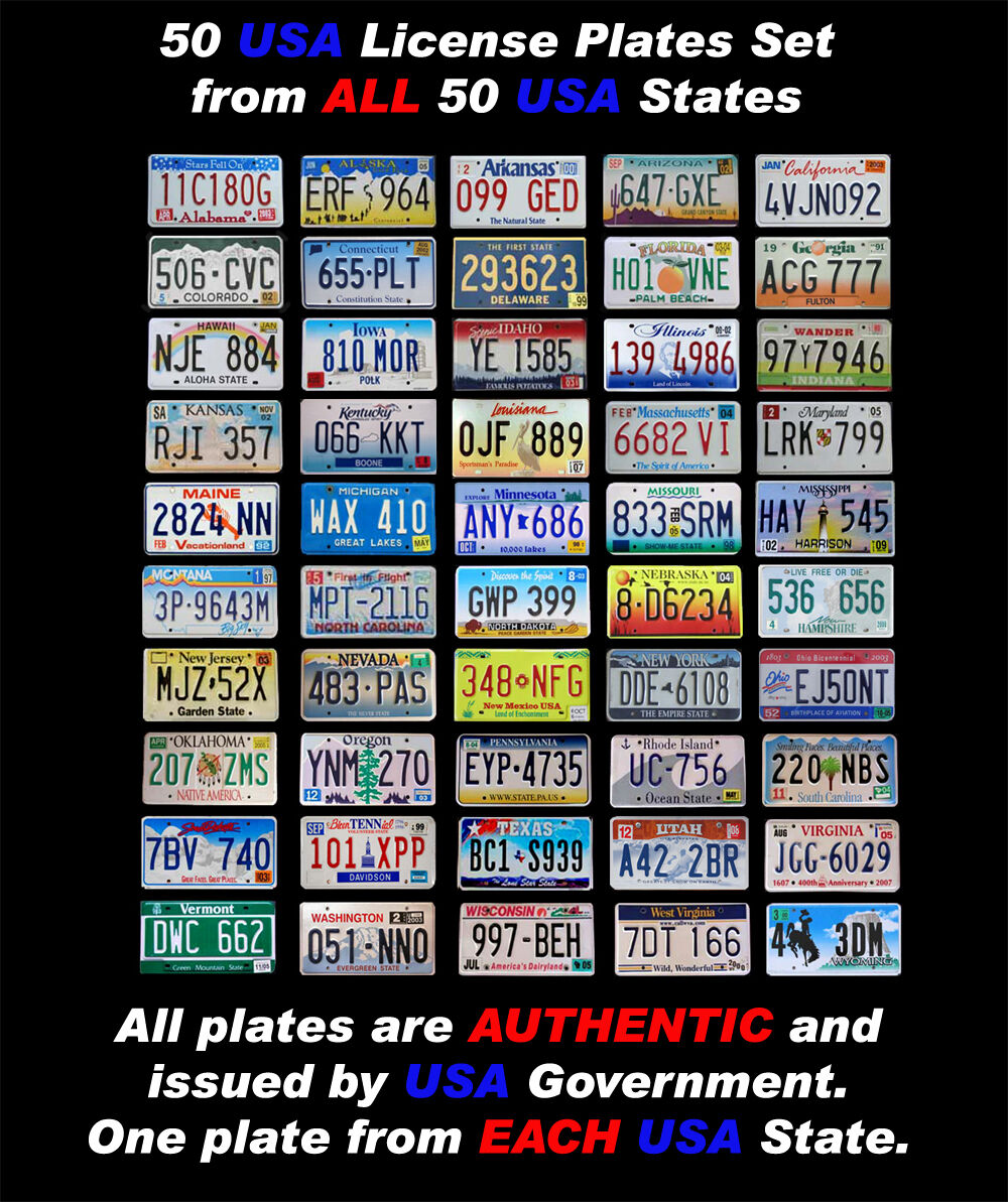 FIFTY USA LICENSE PLATE SET ALL 50 UNITED STATES NUMBER TAG LOT DECOR