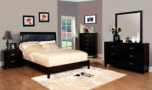 5Pc Contemporary Espresso Brown Queen Low Profile Bed Bedroom Set Furniture