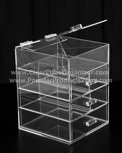 Makeup Holder on Acrylic Clear Cube Makeup Organizer W Drawers Display   Ebay
