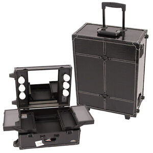 Makeup Station on All Black Crocodile Rolling Makeup Station Case C612 With Mirror
