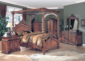 Allison Queen Luxury Poster Canopy Bed Oak 6 piece Bedroom Set w/ Chest AL4100Q