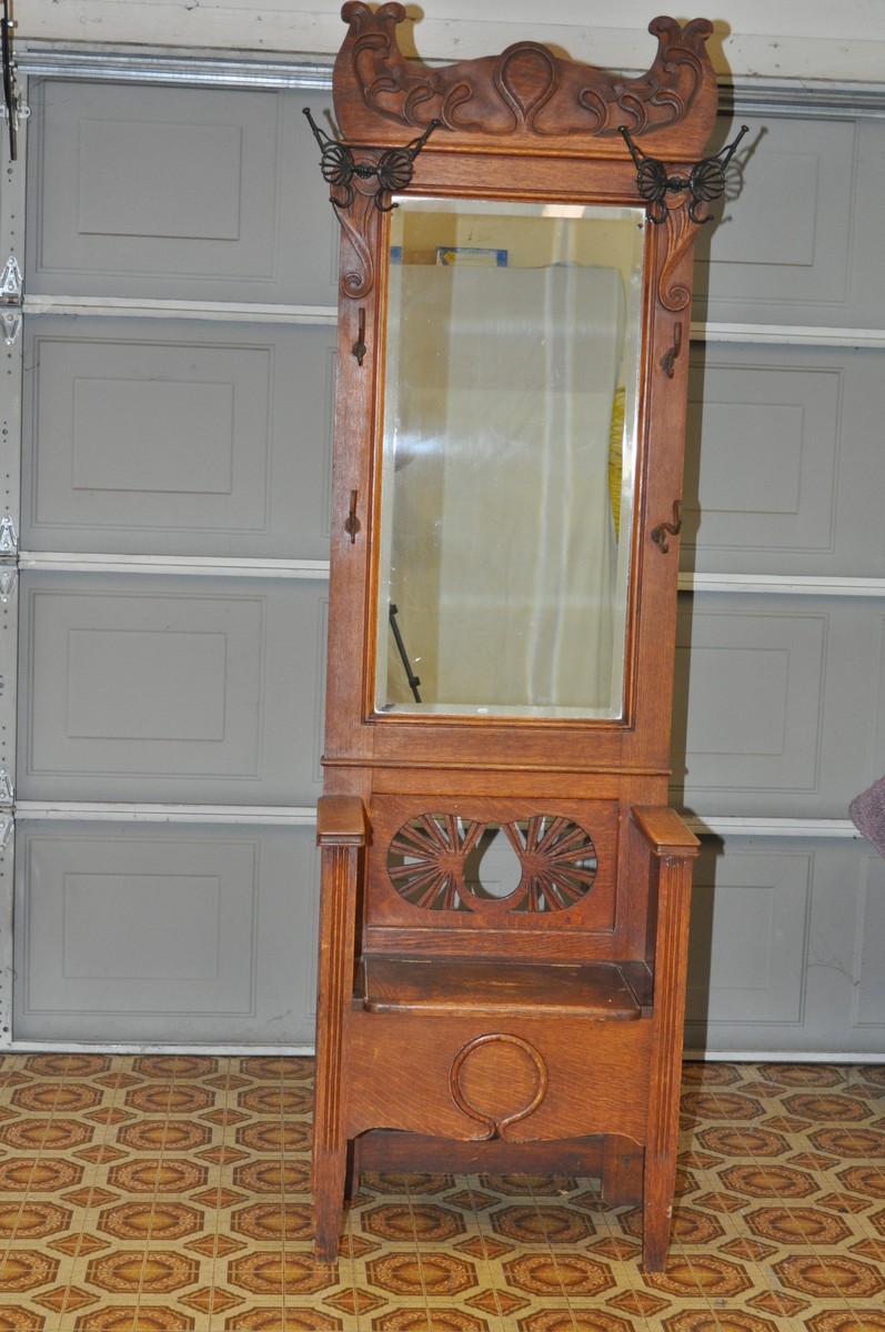 Antique Oak Entry Hall Tree With Storage Bench Beveled Mirror On