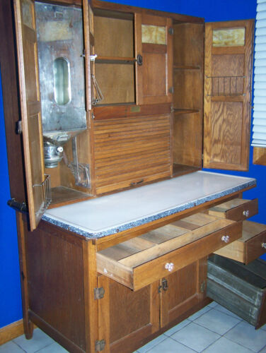 Antique Oak Hoosier Sellers Cabinet with flour bin, slag glass doors, roll top in Antiques, Furniture, Cabinets & Cupboards | eBay