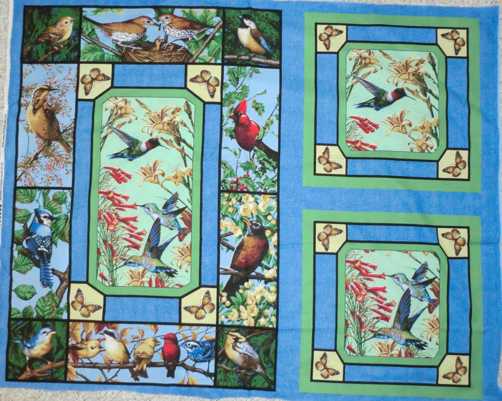 BIRD FABRIC 2 PILLOW PANEL & QUILT TOP WALLHANG BACKYARD BIRDS AND