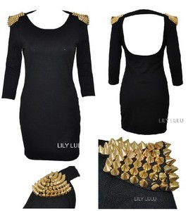 Black Cocktail Dress on Black Shoulder Studded Backless Open Back Bodycon Party Cocktail Dress