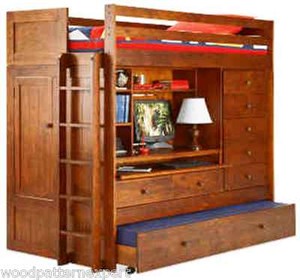 Closet Desk Design on Bunk Bed Paper Plans Loft All In1 W Trundle Desk Chest Closet Easy Diy