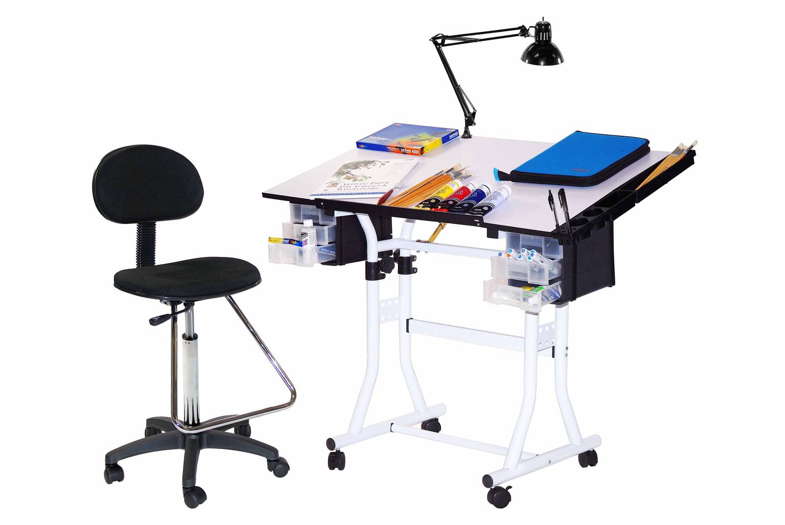 Drawing / Art / Hobby / Craft Table Desk w/ Drawers, Side Tray, Lamp