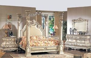 EXQUISITE TOP GRAIN LEATHER KING CANOPY WHITEWASH POSTER BED BEDROOM FURNITURE 