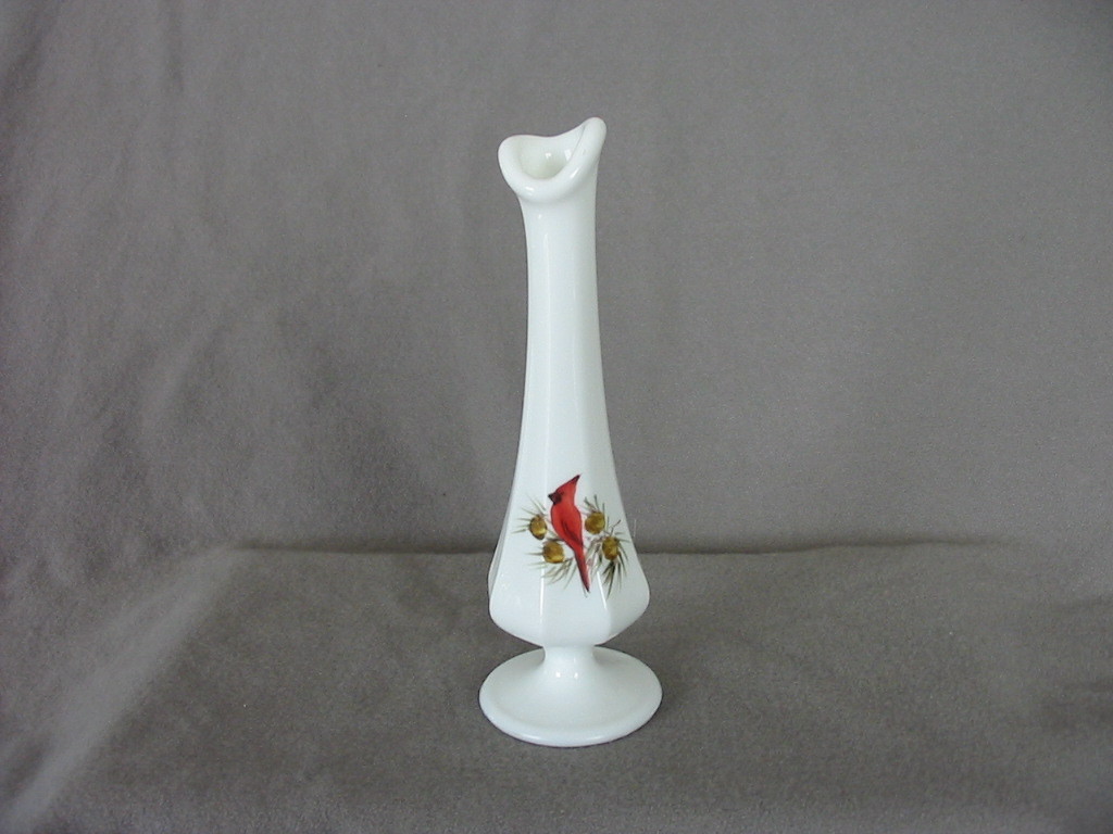 Fenton Bud White Milk Glass Vase W Cardinal Signed Hand Painted