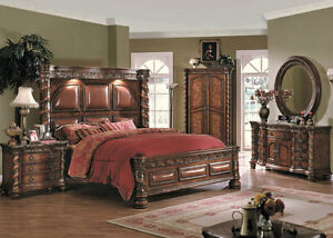 FORMAL TRADITIONAL KING BEDROOM SET 4 Pc KING BED W/ LEATHER & MARBLE #ST1000K