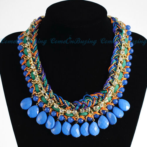 Fashion Weave Rope Chain Blue Resin Rhinestone Bead Bib Pendant Necklace N3621 in Jewelry & Watches, Fashion Jewelry, Necklaces & Pendants | eBay