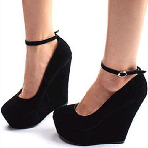 ... Fashion Women Black Wedge Strappy Platform High Heel Buckle Shoes 8