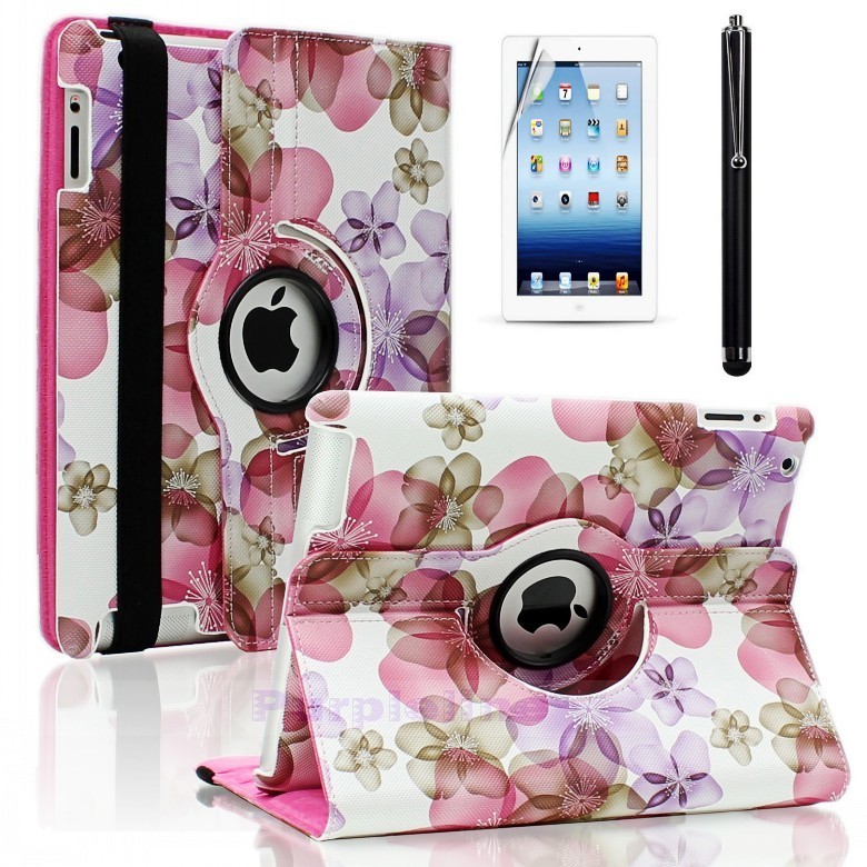 For The New iPad 2 3 4 360 Rotating PU Leather Case Smart Cover Flower Pink