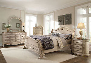 GRANDE PALACE-5pc TRADITIONAL ANTIQUE WHITE QUEEN KING SLEIGH MARBLE BEDROOM SET