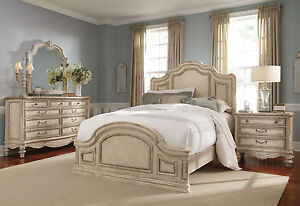 GRANDE PALACE-5pcs TRADITIONAL ANTIQUE WHITE QUEEN KING PANEL MARBLE BEDROOM SET