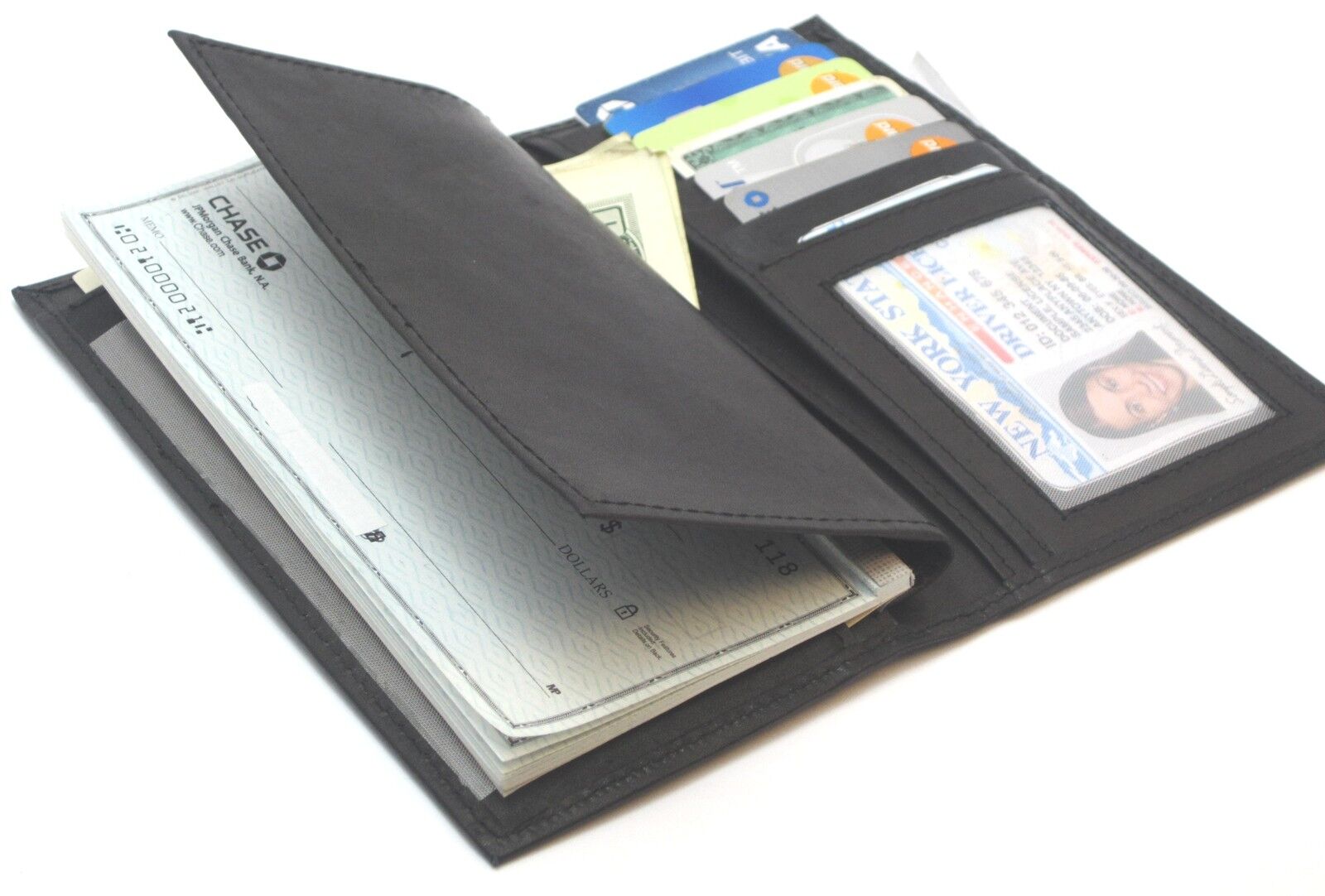 Genuine Leather Checkbook Cover & Case Wallet Black with ID & Credit Card Slots | eBay