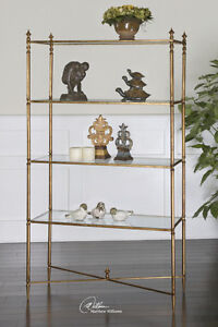 Henzler Open Iron Glass Etagere 4 Shelf Display Antiqued Gold Classic Decor