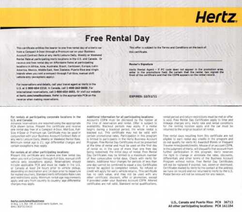 Hertz Premium Class 7 day FREE Day Car Rental Certificate Voucher Coupon in Travel, Car Rental | eBay