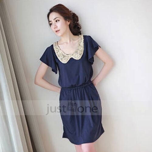 Japan Korea New Sweet Girls Peter Pan Collar Sequins Batwing Sleeve Slim Dress